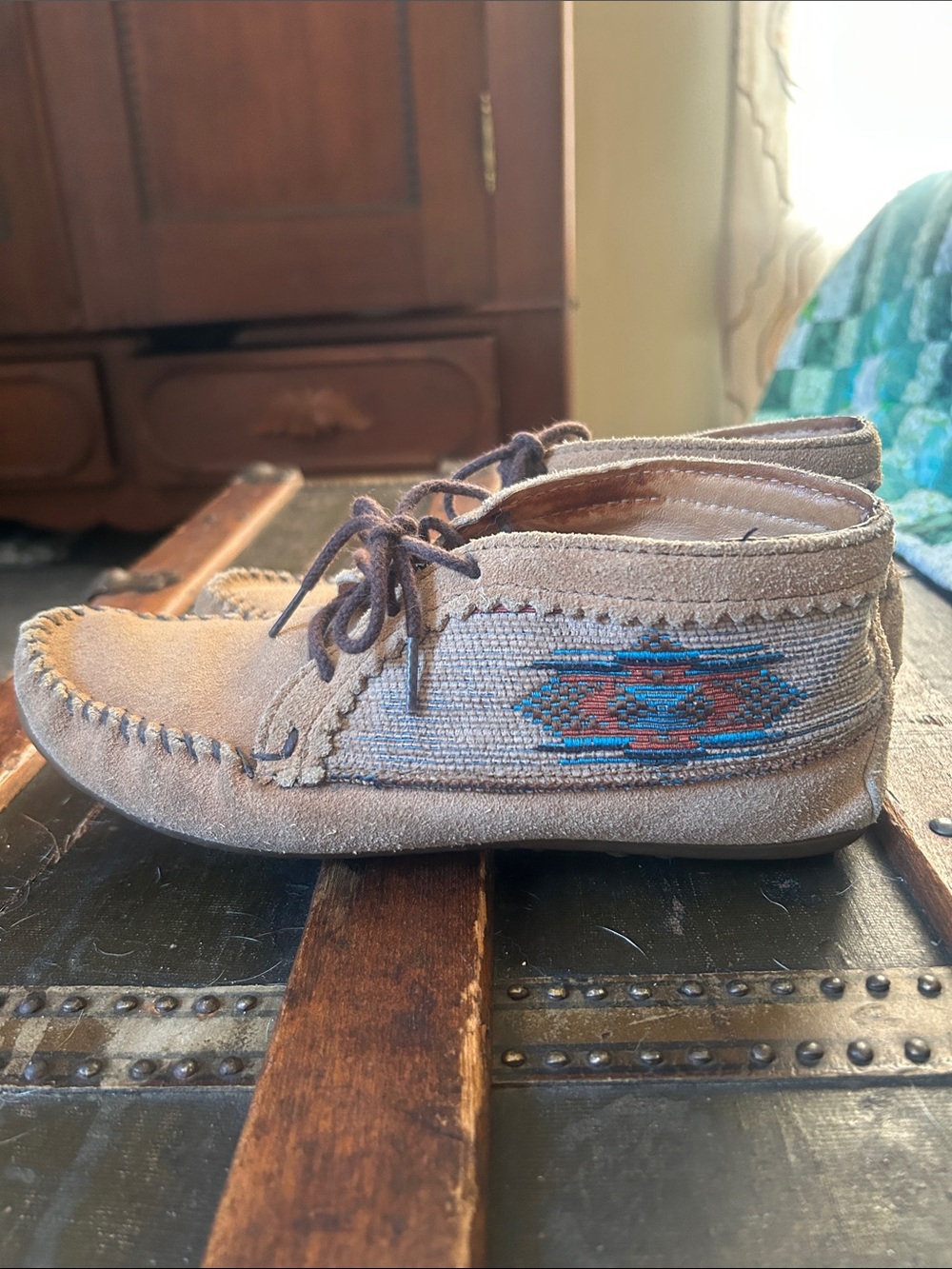 Minnetonka Brown Suede Moccasins with Blue & Rust Aztec Stitching